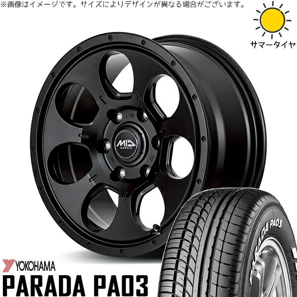 ヨコハマタイヤ パラダ PA03 215/70R15 + MIDホイール マッドエージェント セミグロスブラック 15インチ 6J +33 6H139.7P サマー・ホイール4本セット。1枚目。