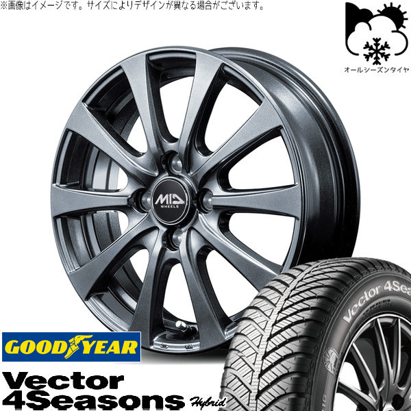 グッドイヤー ベクター4シーズンズ ハイブリッド 155/65R13 + MIDホイール G10 メタリックグレー 13インチ 4.5J +50 4H100P オールシーズン・ホイール4本セット。1枚目。