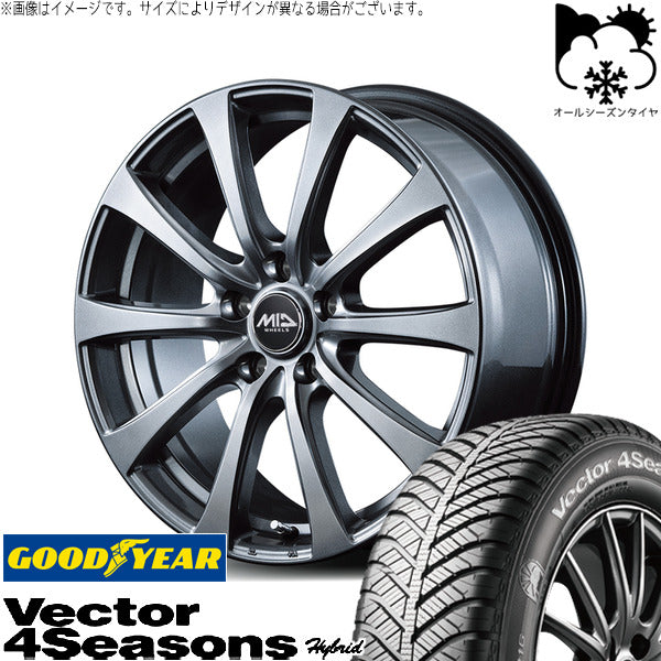 グッドイヤー ベクター4シーズンズ ハイブリッド 195/65R16 + MIDホイール G10 メタリックグレー 16インチ 6.0J +40 5H100P オールシーズン・ホイール4本セット。1枚目。