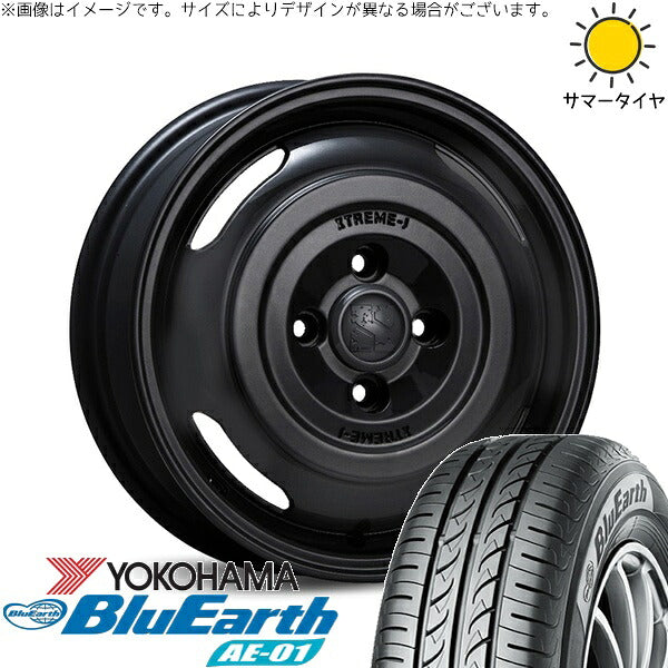 ヨコハマタイヤ ブルーアース AE01 165/55R14 + エクストリームJ ジャーニー サテンブラック 14インチ 4.5J +43 4H100P サマー・ホイール4本セット。1枚目。