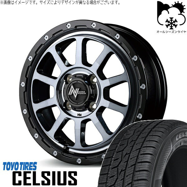 トーヨータイヤ セルシアス 165/65R14 + ナイトロパワー M10 パーシング ブラック/マシニング/ブラッククリア 14インチ 4.5J +45 4H100P オールシーズン・ホイール4本セット。1枚目。