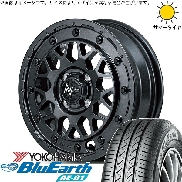 ヨコハマタイヤ ブルーアース AE01 155/65R14 + ナイトロパワー M29 スティンガー バレルブラック 14インチ 4.5J +45 4H100P サマー・ホイール4本セット。1枚目。