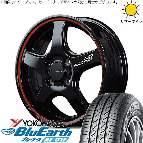 ヨコハマタイヤ ブルーアース AE-01F 195/55R16 + MIDレーシング R50 ブラック/リムレッドライン 16インチ 6J +43 4H100P サマー・ホイール4本セット。1枚目。