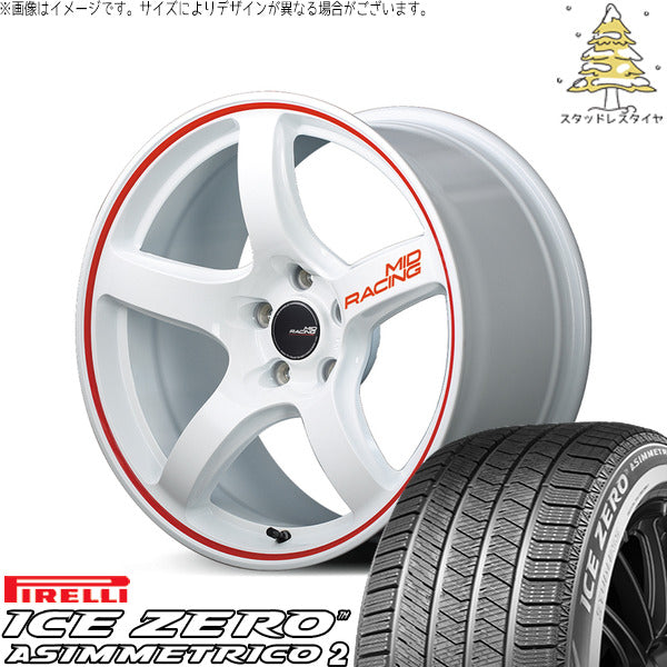 ピレリ アイスゼロアシンメトリコ2 225/60R18 + MIDレーシング R50 ホワイト/リムレッドライン 18インチ 8.5J +45 5H120P スタッドレス・ホイール4本セット。1枚目。