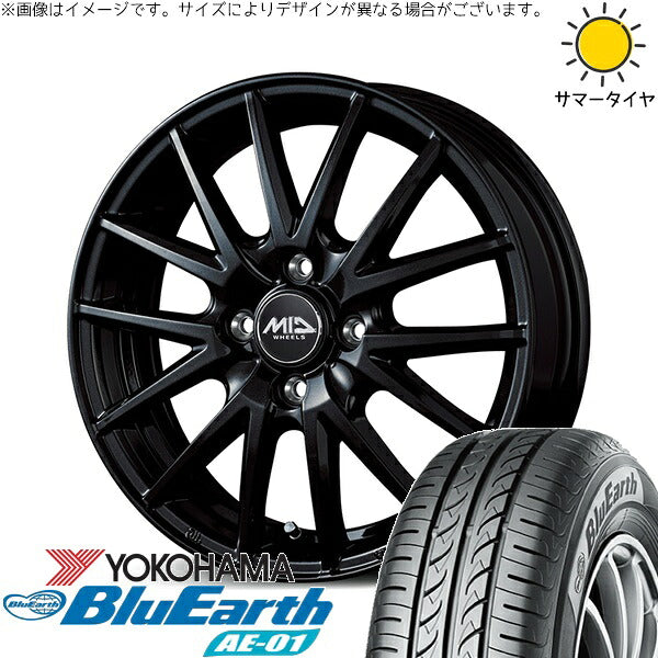 ヨコハマタイヤ ブルーアース AE01 165/65R15 + MIDホイール SQ27 メタリックブラック 15インチ 4.5J +45 4H100P サマー・ホイール4本セット。1枚目。