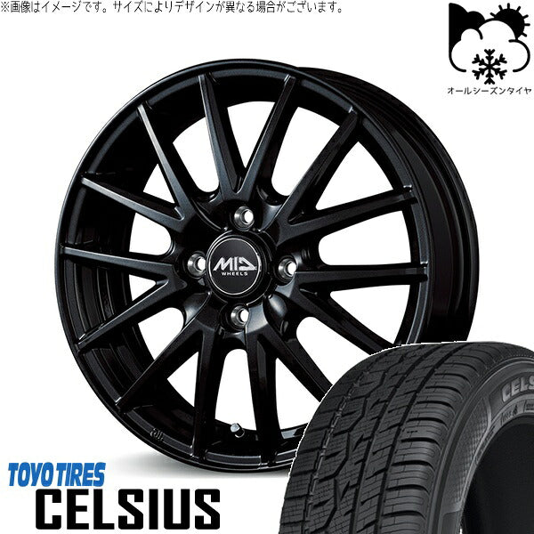 トーヨータイヤ セルシアス 155/65R14 + MIDホイール SQ27 メタリックブラック 14インチ 4.5J +45 4H100P オールシーズン・ホイール4本セット。1枚目。