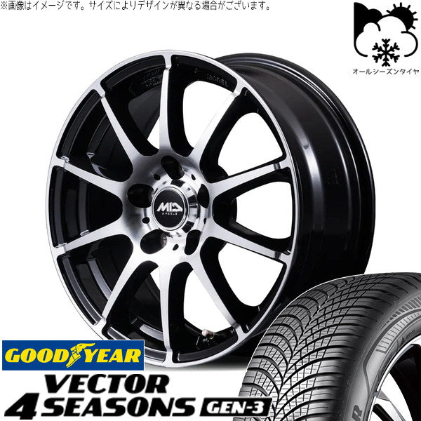 グッドイヤー ベクター4シーズンズ GEN-3 225/55R18 + MIDホイール STAG BP ブラックポリッシュ 18インチ 7.0J +55 5H114.3P オールシーズン・ホイール4本セット。1枚目。