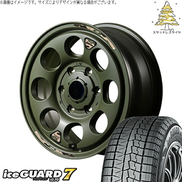 ヨコハマタイヤ アイスガード セブン (iceGUARD7 IG70) 215/65R16 + MIDホイール x DOD ウシャリン セミグロスODグリーン 16インチ 6.5J +38 6H139.7P スタッドレス・ホイール4本セット。1枚目。