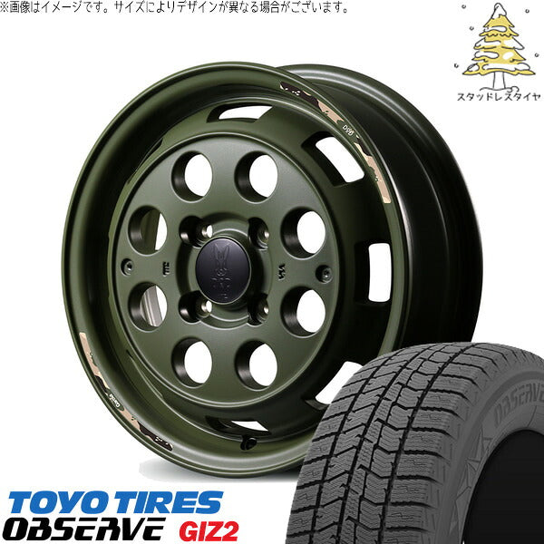 トーヨータイヤ OBSERVE 155/65R14 + MIDホイール x DOD ウシャリントバリ セミグロスODグリーン 14インチ 4.5J +45 4H100P スタッドレス・ホイール4本セット。1枚目。