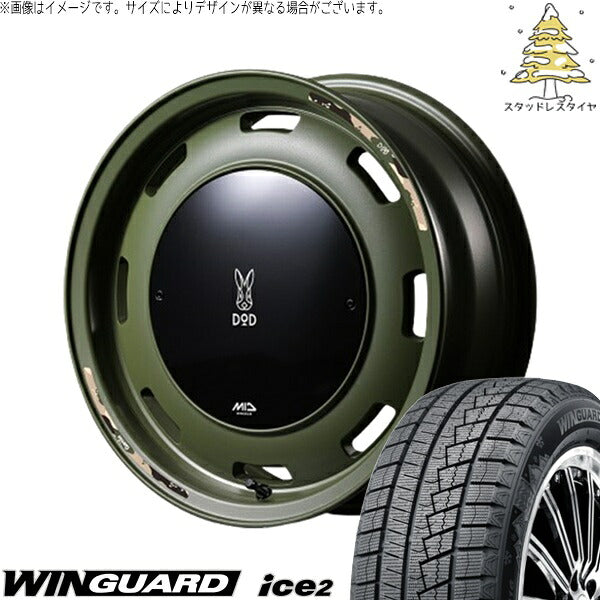 ネクセン ウィンガード アイス2 (WinGUARD ice2) 165/55R14 + MIDホイール x DOD ウシャリントバリ セミグロスODグリーン 14インチ 4.5J +45 4H100P スタッドレス・ホイール4本セット。1枚目。