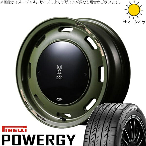 ピレリ パワジー 165/55R15 + MIDホイール x DOD ウシャリントバリ セミグロスODグリーン 15インチ 4.5J +45 4H100P サマー・ホイール4本セット。1枚目。
