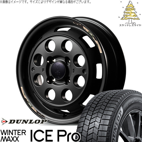 ダンロップ ウィンターマックス ICE Pro 155/65R14 + MIDホイール x DOD ウシャリントバリ セミグロスブラック 14インチ 4.5J +45 4H100P スタッドレス・ホイール4本セット。1枚目。