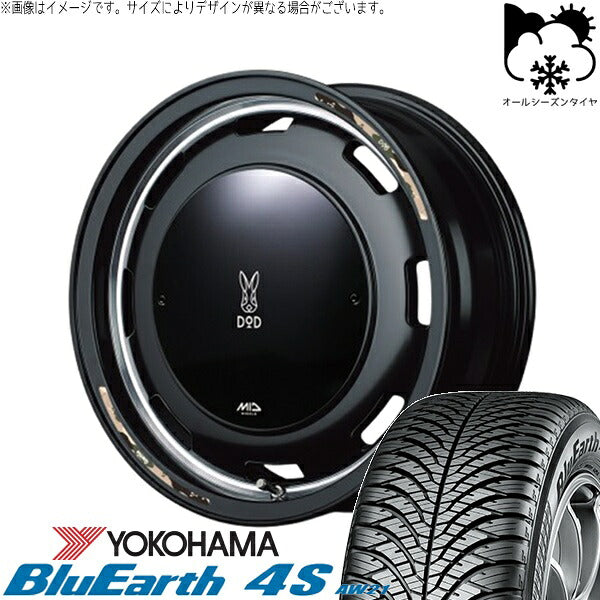 ヨコハマタイヤ ブルーアース4S AW21 165/55R15 + MIDホイール x DOD ウシャリントバリ セミグロスブラック 15インチ 4.5J +45 4H100P オールシーズン・ホイール4本セット。1枚目。