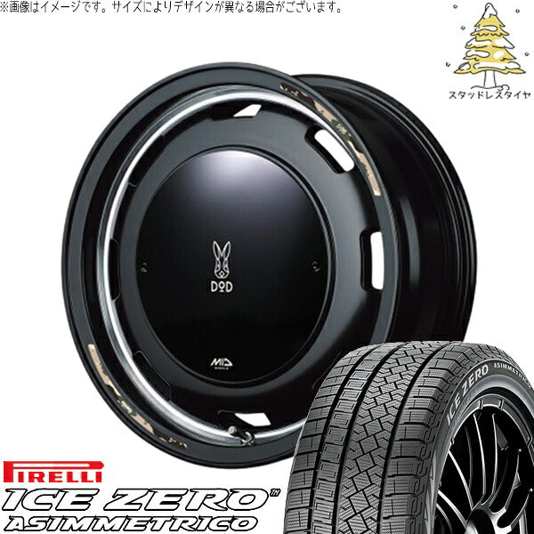 ピレリ アイスゼロアシンメトリコ (ICEZERO ASIMMETRICO) 175/65R15 + MIDホイール x DOD ウシャリントバリ セミグロスブラック 15インチ 4.5J +45 4H100P スタッドレス・ホイール4本セット。1枚目。