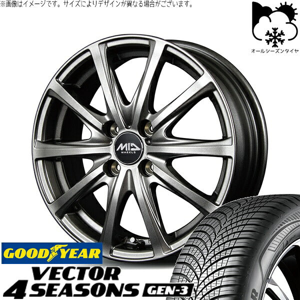 グッドイヤー ベクター4シーズンズ GEN-3 195/65R15 + MIDホイール V25 メタリックグレー 15インチ 5.5J +40 4H100P オールシーズン・ホイール4本セット。1枚目。