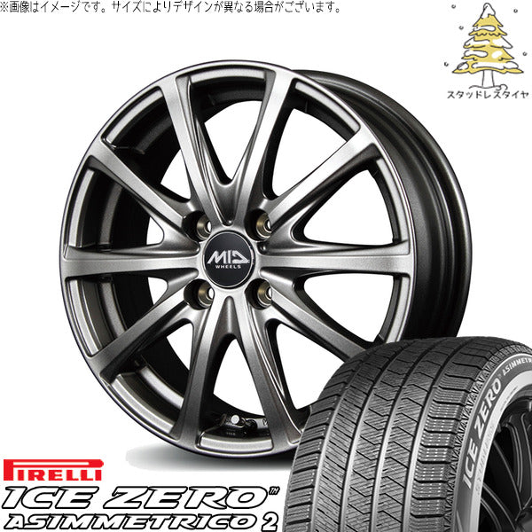 ピレリ アイスゼロアシンメトリコ2 195/55R16 + MIDホイール V25 メタリックグレー 16インチ 6J +43 4H100P スタッドレス・ホイール4本セット。1枚目。