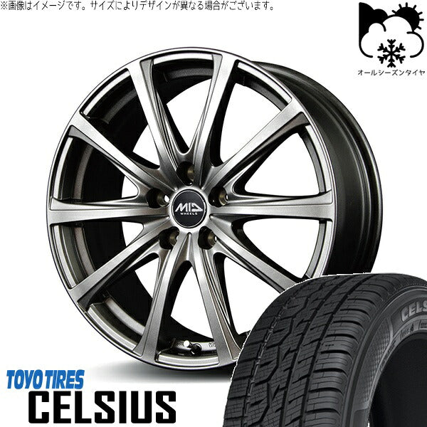 トーヨータイヤ セルシアス 195/65R15 + MIDホイール V25 メタリックグレー 15インチ 6J +45 5H100P オールシーズン・ホイール4本セット。1枚目。