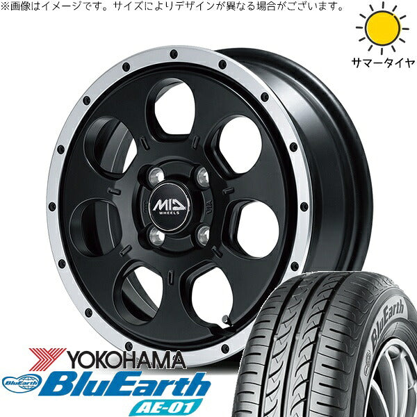 ヨコハマタイヤ ブルーアース AE01 165/55R15 + MIDホイール ロードマックス WO-7 セミグロスブラックフランジDC 15インチ 4.5J +45 4H100P サマー・ホイール4本セット。1枚目。