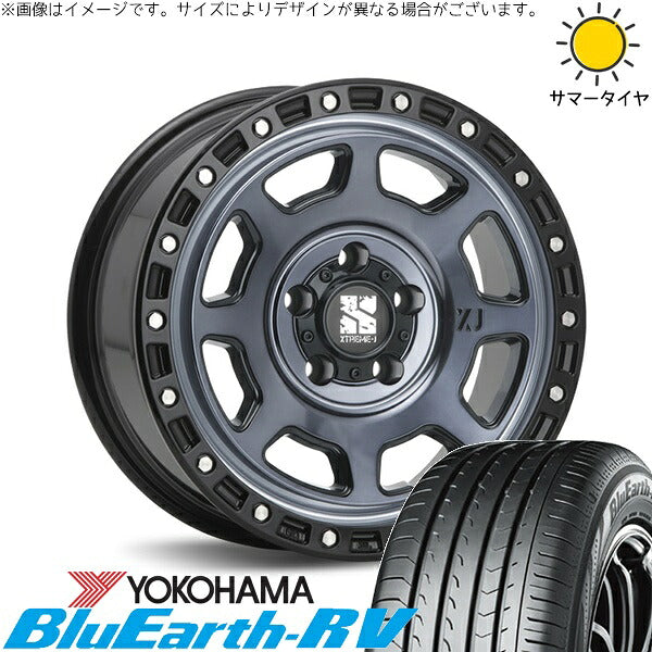 ヨコハマタイヤ ブルーアース RV03 215/65R16 + エクストリームJ XJ07 グロスブラックミルド/インディゴ 16インチ 7J +35 5H114.3P サマー・ホイール4本セット。1枚目。
