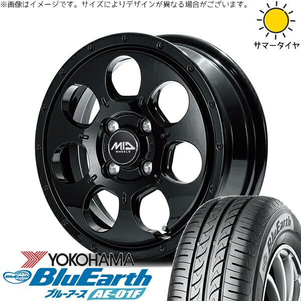 ヨコハマタイヤ ブルーアース AE-01F 165/70R14 ＋ MIDホイール マッドエージェント セミグロスブラック 14インチ 4.5J +45 4H100P サマー・ホイール4本セット。1枚目。