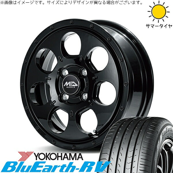 ヨコハマタイヤ ブルーアース RV03 155/65R14 ＋ MIDホイール マッドエージェント セミグロスブラック 14インチ 4.5J +45 4H100P サマー・ホイール4本セット。1枚目。