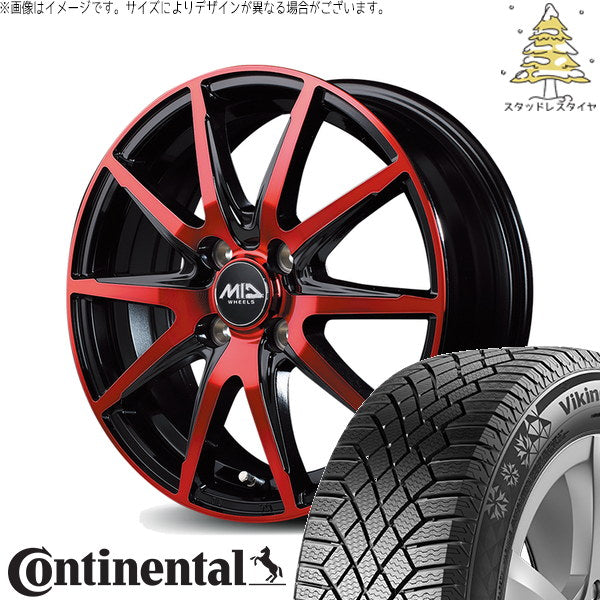コンチネンタル バイキングコンタクト7 155/65R14 ＋ MIDホイール DR-02 ブラックポリッシュ/レッドクリア 14インチ 4.5J +45 4H100P スタッドレス・ホイール4本セット。1枚目。