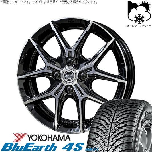 ヨコハマタイヤ ブルーアース4S AW21 195/55R16 ＋ スマック+EK M1 グロスブラックポリッシュ 16インチ 6J +40 4H100P オールシーズン・ホイール4本セット。1枚目。