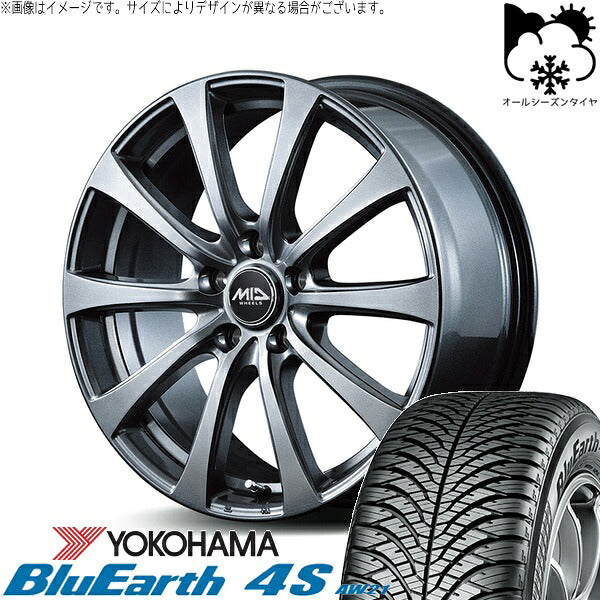 ヨコハマタイヤ ブルーアース4S AW21 205/55R16 ＋ MIDホイール G10 メタリックグレー 16インチ 6.5J +48 5H100P オールシーズン・ホイール4本セット。1枚目。