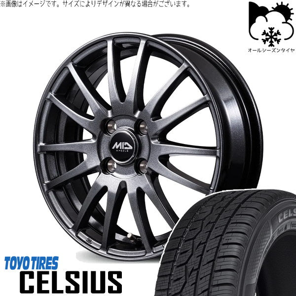 トーヨータイヤ セルシアス 195/65R15 ＋ MIDホイール GriD メタリックグレー 15インチ 5.5J +43 4H100P オールシーズン・ホイール4本セット。1枚目。