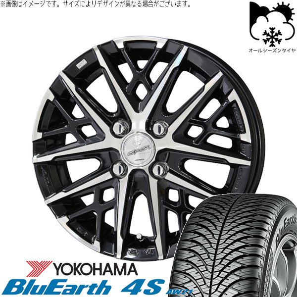 ヨコハマタイヤ ブルーアース4S AW21 195/65R15 ＋ スマック グレイヴ サファイアブラックポリッシュ 15インチ 5.5J +38 4H100P オールシーズン・ホイール4本セット。1枚目。