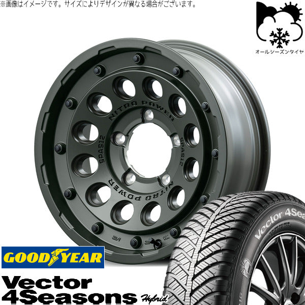 グッドイヤー ベクター4シーズンズ ハイブリッド 155/65R14 ＋ ナイトロパワー H12 ショットガン セミグロスODグリーン 14インチ 4.5J +45 4H100P オールシーズン・ホイール4本セット。1枚目。