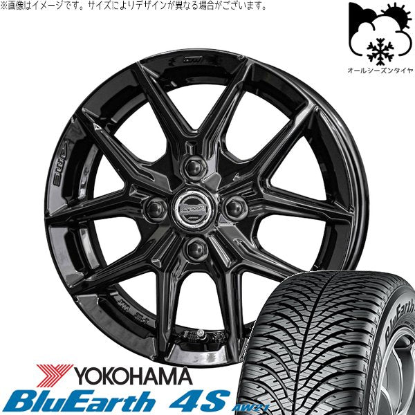 ヨコハマタイヤ ブルーアース4S AW21 195/55R16 ＋ スマック IG-TEC グロスブラック 16インチ 6J +40 4H100P オールシーズン・ホイール4本セット。1枚目。