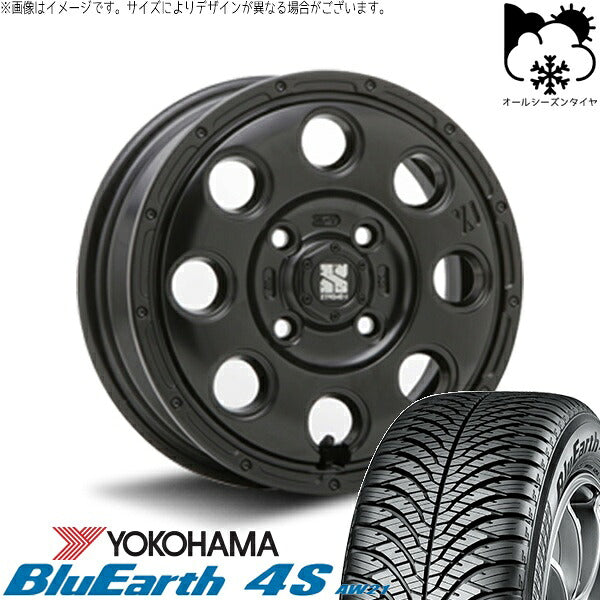 ヨコハマタイヤ ブルーアース4S AW21 165/65R14 ＋ エクストリームJ KK03 サテンブラック 14インチ 4.5J +45 4H100P オールシーズン・ホイール4本セット。1枚目。