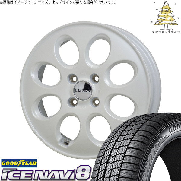 グッドイヤー アイスナビ8 165/65R14 ＋ ララパーム オーバル パールホワイト 14インチ 4.5J +45 4H100P スタッドレス・ホイール4本セット。1枚目。