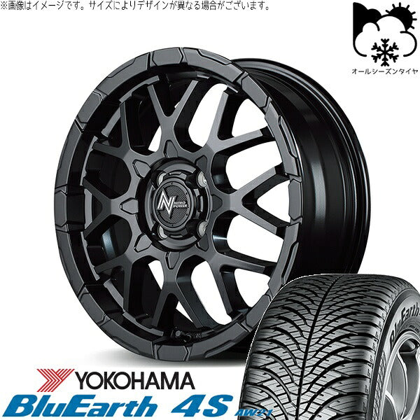ヨコハマタイヤ ブルーアース4S AW21 165/60R15 ＋ ナイトロパワー M28 バレット セミグロスブラック 15インチ 5J +48 4H100P オールシーズン・ホイール4本セット。1枚目。