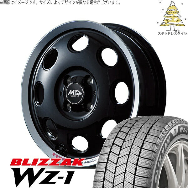 ブリヂストン ブリザック WZ-1 (BLIZZAK WZ-1) 165/65R14 ＋ MIDホイール モッシュ マネキ クロ 14インチ 4.5J +45 4H100P スタッドレス・ホイール4本セット。1枚目。