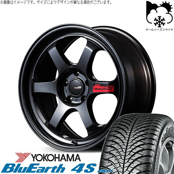 ヨコハマタイヤ ブルーアース4S AW21 225/50R17 ＋ MIDレーシング R06 クリスタルブラック 17インチ 7.5J +44 5H114.3P オールシーズン・ホイール4本セット。1枚目。
