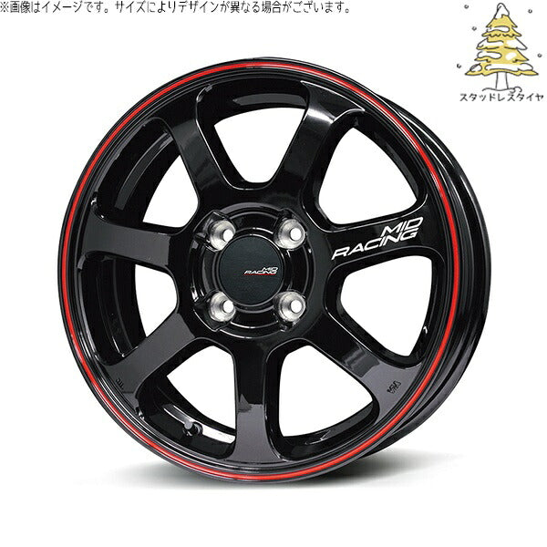 輸入スタッドレスタイヤ（銘柄指定不可） 165/60R15 ＋ MIDレーシング R07 ブラック/リムレッドライン 15インチ 5J +45 4H100P ホイール4本セット。1枚目。