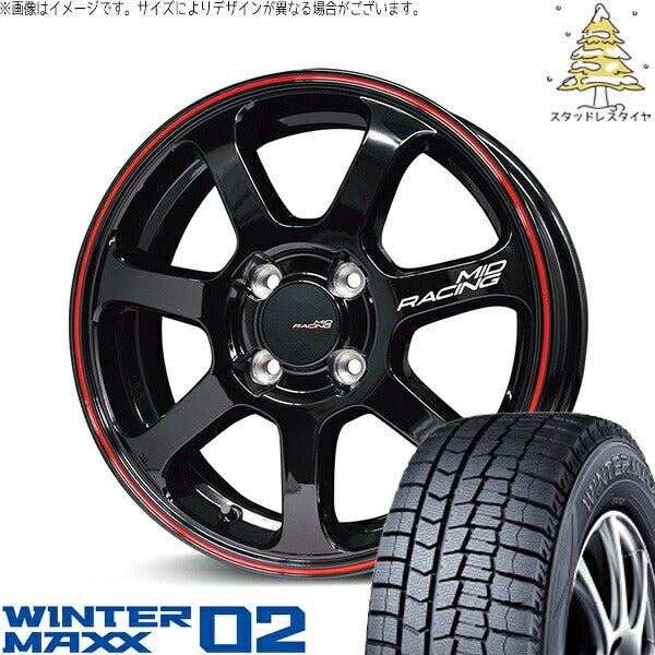 ダンロップ ウィンターマックス02 (WINTERMAXX02 WM02) 165/60R15 ＋ MIDレーシング R07 ブラック/リムレッドライン 15インチ 5J +45 4H100P スタッドレス・ホイール4本セット。1枚目。