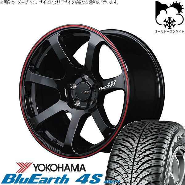 ヨコハマタイヤ ブルーアース4S AW21 215/55R17 ＋ MIDレーシング R07 ブラック/リムレッドライン 17インチ 7J +48 5H114.3P オールシーズン・ホイール4本セット。1枚目。