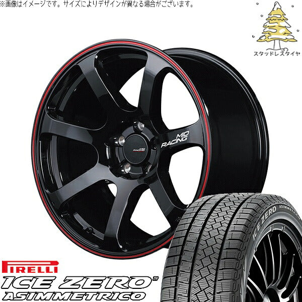 ピレリ アイスゼロアシンメトリコ 225/55R17 ＋ MIDレーシング R07 ブラック/リムレッドライン 17インチ 7J +48 5H114.3P スタッドレス・ホイール4本セット。1枚目。