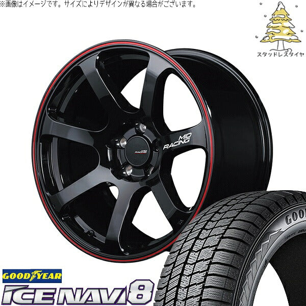 グッドイヤー アイスナビ8 215/55R17 ＋ MIDレーシング R07 ブラック/リムレッドライン 17インチ 7J +48 5H114.3P スタッドレス・ホイール4本セット。1枚目。