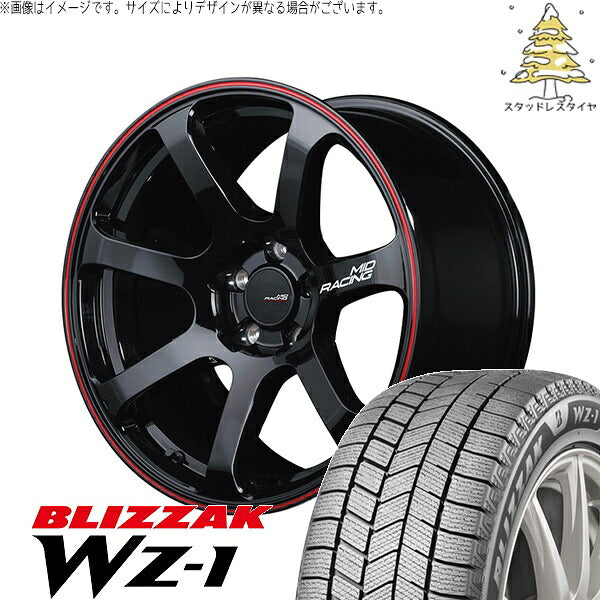 ブリヂストン ブリザック WZ-1 205/55R17 ＋ MIDレーシング R07 ブラック/リムレッドライン 17インチ 7J +48 5H114.3P スタッドレス・ホイール4本セット。1枚目。