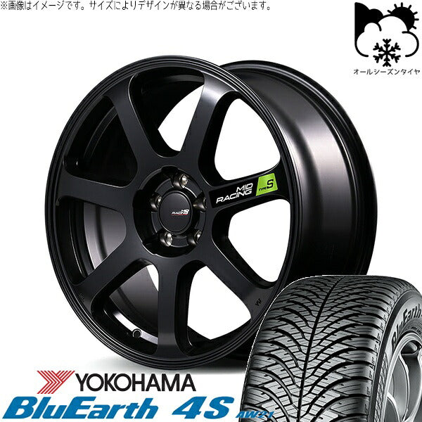 ヨコハマタイヤ ブルーアース4S AW21 235/55R18 ＋ MIDレーシング R07 タイプS セミグロスブラック 18インチ 8J +45 5H114.3P オールシーズン・ホイール4本セット。1枚目。