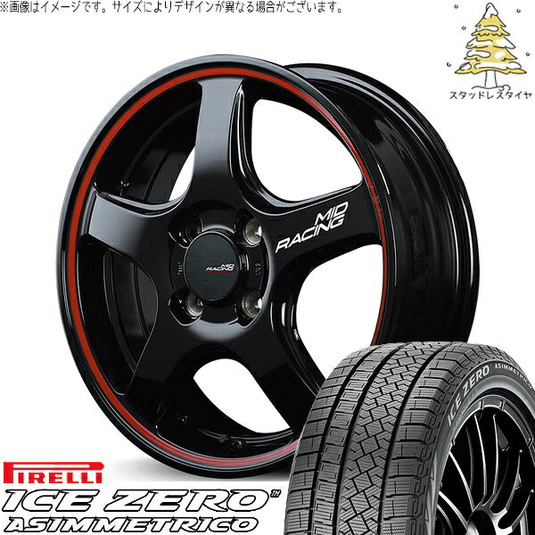 ピレリ アイスゼロアシンメトリコ 195/65R16 ＋ MIDレーシング R50 ブラック/リムレッドライン 16インチ 6J +43 4H100P スタッドレス・ホイール4本セット。1枚目。