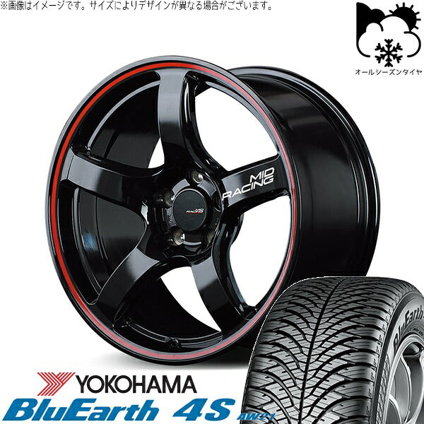 ヨコハマタイヤ ブルーアース4S AW21 235/50R18 ＋ MIDレーシング R50 ブラック/リムレッドライン 18インチ 8J +45 5H114.3P オールシーズン・ホイール4本セット。1枚目。