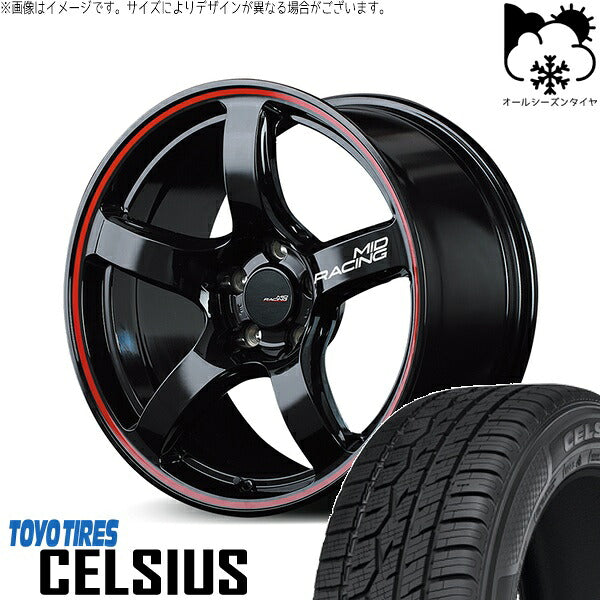 トーヨータイヤ セルシアス 225/55R18 ＋ MIDレーシング R50 ブラック/リムレッドライン 18インチ 8J +45 5H114.3P オールシーズン・ホイール4本セット。1枚目。