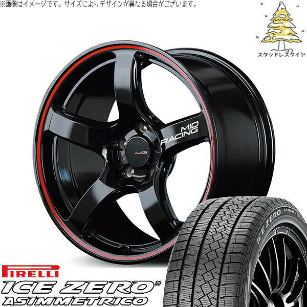 ピレリ アイスゼロアシンメトリコ (ICEZERO ASIMMETRICO) 225/50R18 ＋ MIDレーシング R50 ブラック/リムレッドライン 18インチ 7.5J +50 5H114.3P スタッドレス・ホイール4本セット。1枚目。