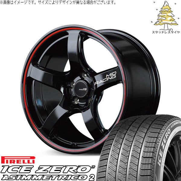 ピレリ アイスゼロアシンメトリコ2 215/60R17 ＋ MIDレーシング R50 ブラック/リムレッドライン 17インチ 7J +48 5H114.3P スタッドレス・ホイール4本セット。1枚目。