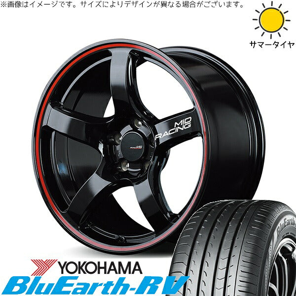 ヨコハマタイヤ ブルーアース RV03 225/55R18 ＋ MIDレーシング R50 ブラック/リムレッドライン 18インチ 8J +45 5H114.3P サマー・ホイール4本セット。1枚目。